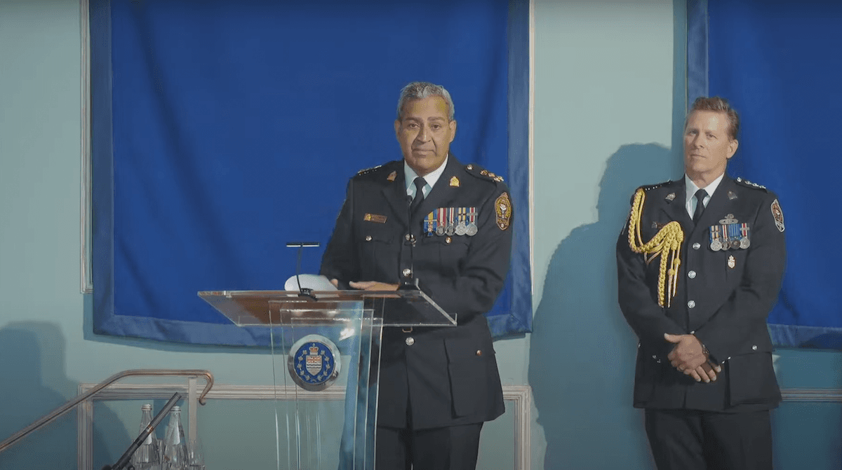 Del Manak speaks at change of command ceremony at Government House. Screenshot courtesy VicPD YouTube channel