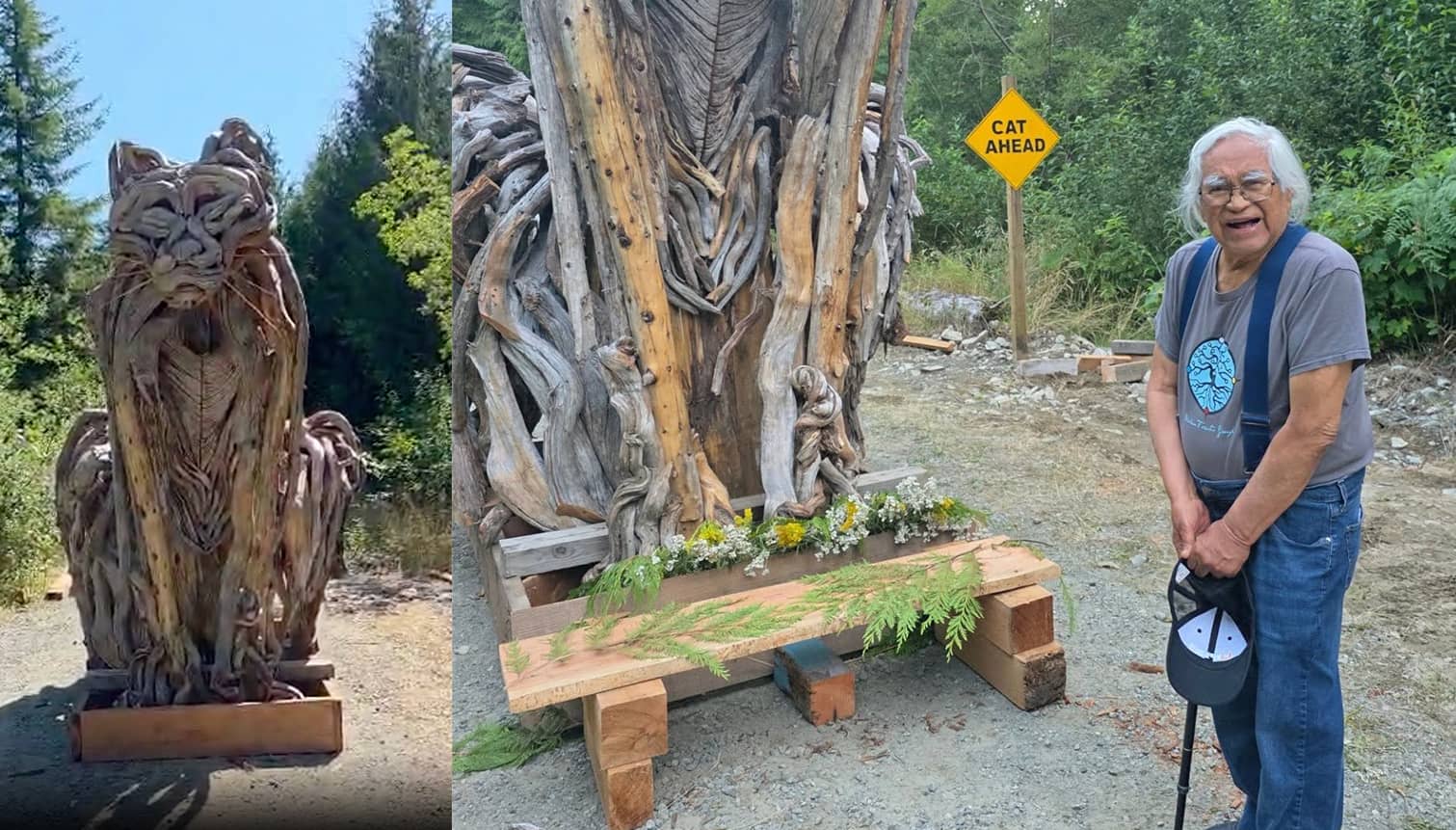 The cougar sculpture erected on Aug. 25 and Elder Bill Jones posing next to it. Photos: (Left) Courtesy of Valerie Elliot; (Right) Fairy Creek Blockade / Facebook