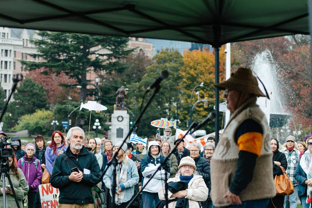 Carl Olsen speaks at the Save Goldstream rally. Photo: Agathe Bernard / Wilderness Committee